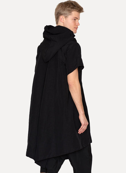 Black Linen Nylon Hooded Coat