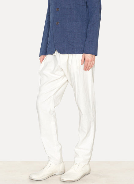White Cotton Linen Pleat Trouser