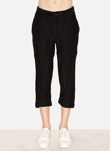 Black Linen Felpa Uneven Cropped Pant