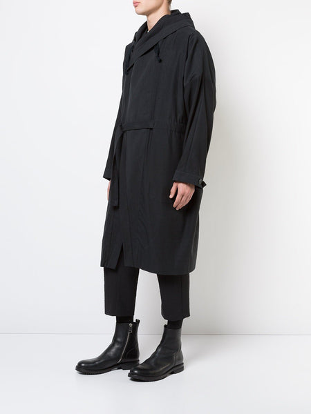 Black Paper Twill Hooded Trench Coat